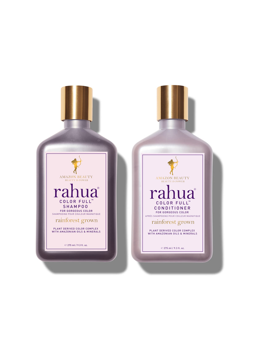 A bottle of Rahua Color Full Conditioner and Shampoo with a purple label and a gold cap set against a plain white background|variant:93-oz