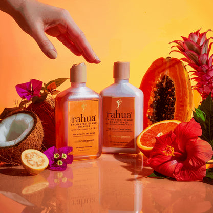 rahua Enchanted Island shampoo and conditioner bottle with ingredients