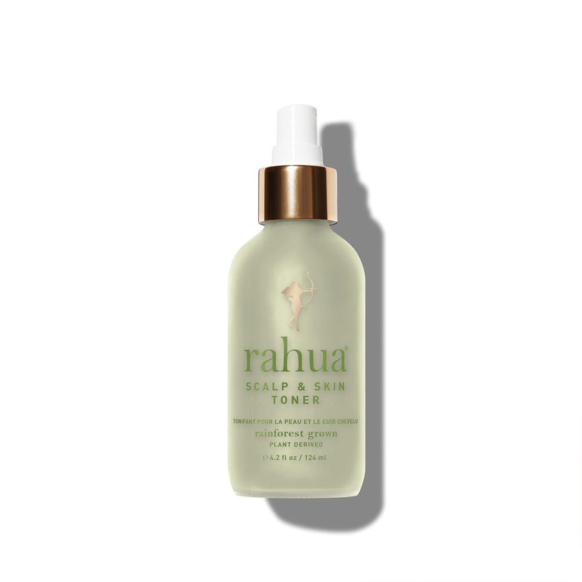 glass spray bottle with gold collar and green text rahua scalp and skin toner on a plain white background|variant:42-oz