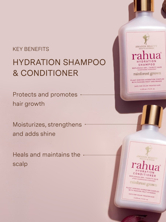 Rahua Hydration Shampoo and Conditioner bottles with key benefits text on a pink background|variant:074-oz