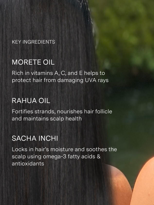 Close-up of dark hair with text detailing key ingredients and their benefits|variant:93-oz