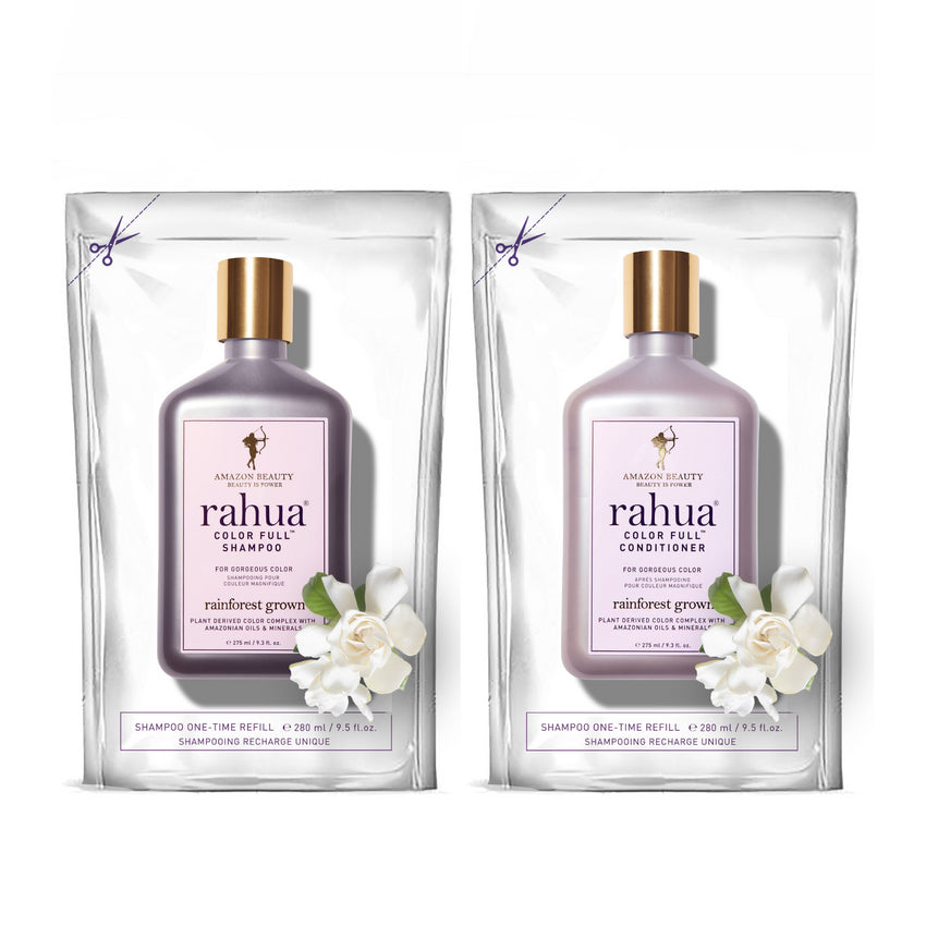 Rahua_Color_Full__Conditioner_and_Shampoo_Set silver pouches on a plain white background