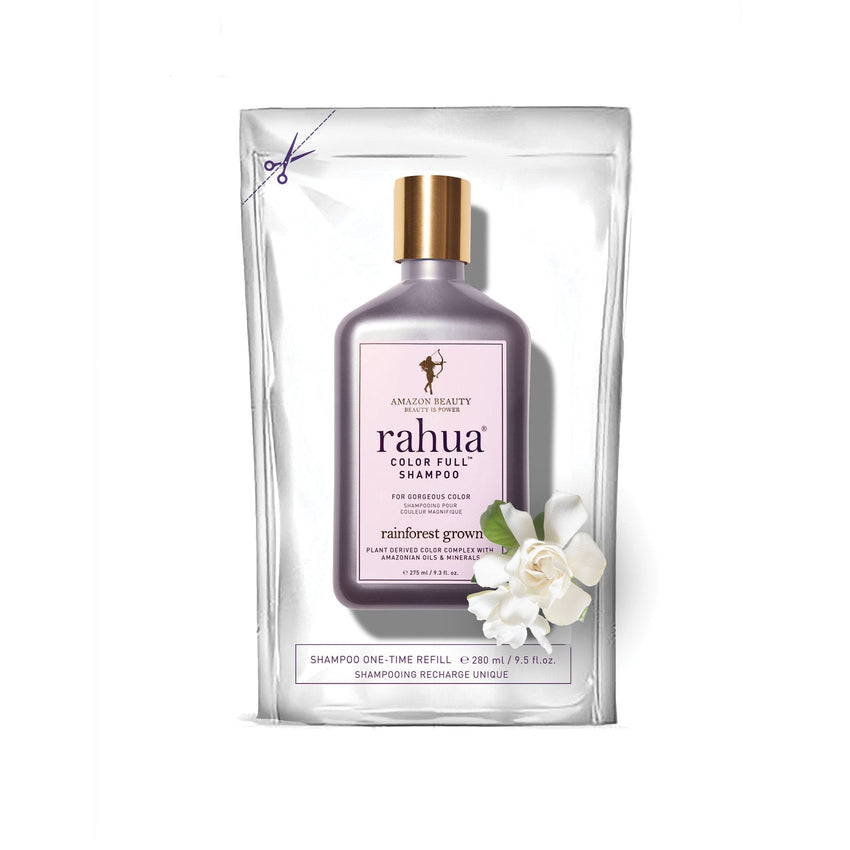 A pouch packaging of Rahua Color Full Shampoo Refill with a bottle of shampoo visible through it, featuring an exotic gardenia flower design.