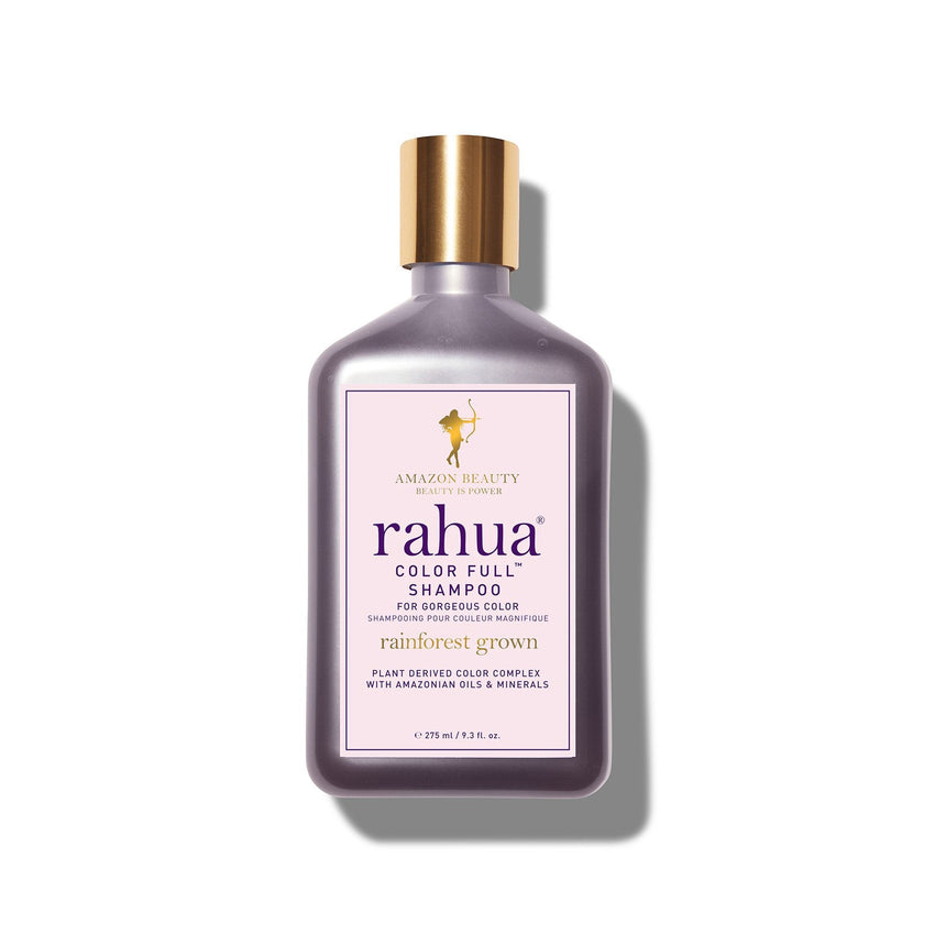 A bottle of Rahua Color Full Shampoo with a purple label and a gold cap, set against a plain white background|variant:93-oz