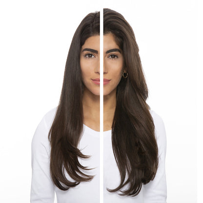 Woman Showing How Her Hair Before Using Rahua Voluminous Dry Shampoo and How it Looks After Using it